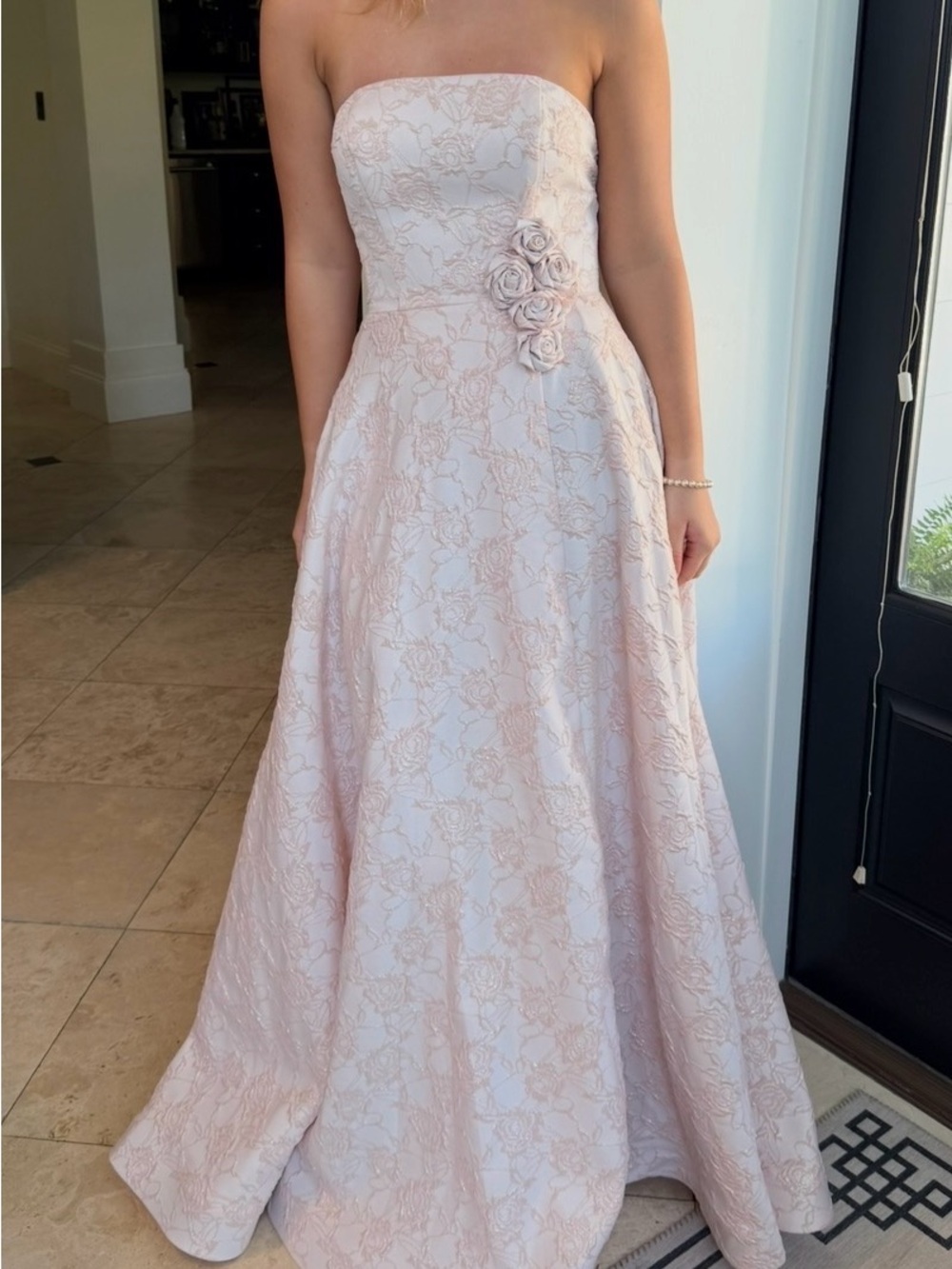 Strapless Rose-Applique Lace Prom Dress in Blush